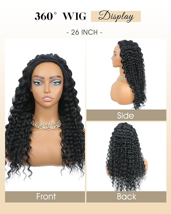 Deep Wave Half Wig Human Hair 200% Density 3 in 1 Half Wigs for Women, Invisible Hairline Glueless Wear & Go Beginner Friendly Drawstring Seamless Flip Headband Wig, 26 Inch