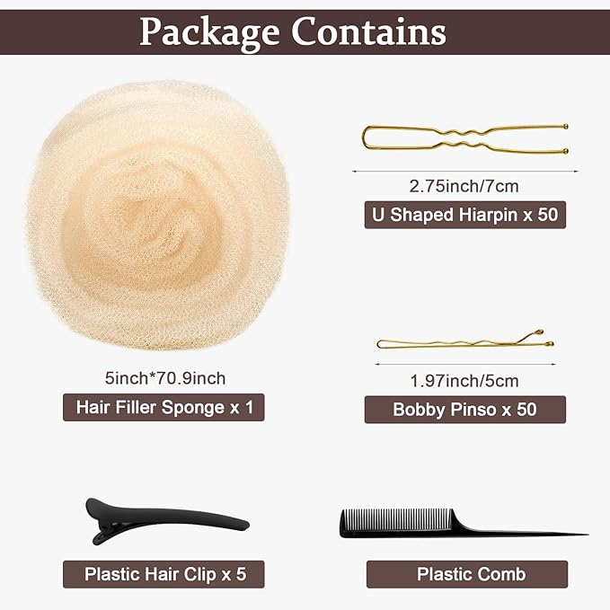 Hair Filler for Updos, Hair Bumps for Volume Insert, Hair Sponge for Blonde Women, 107 Pcs Hair Padding Kit with Bobby Pins and U Shape Pin, Pleastic Hair Clips and Comb