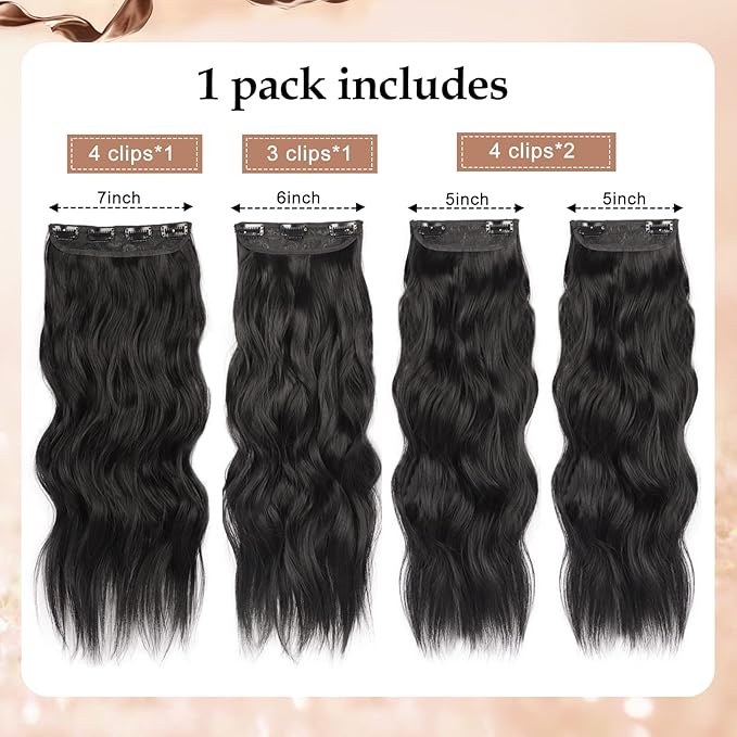 24 Inch Jet Black Hair Extensions Clip in Hair Extension 4 Pcs Long Wavy Synthetic Hair Extension Clip in Soft Hair Extensions Double Weft Hairpiece Full Head for Women (24INCH, 1B)