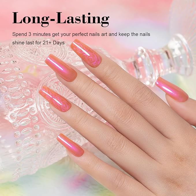 RARJSM Pearl Gel Nail Polish,15ML Dark Orange Pearlescent Gel Polish,Purple Shimmer Glitter Gel Polish Mermaid Nail Gel Polish Soak Off LED UV Drawing Swirl Thread Effect for DIY Manicure Use