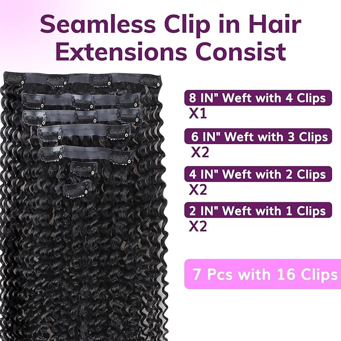 IDN BEAUTY Seamless Clip In Hair Extensions Human Hair, Kinky Curly 18 Inch 110g 7pcs Natural Black Seamless Curly Clip Ins Remy Human Hair Seamless Clip Ins For Black Women PU Weft Invisible Edge