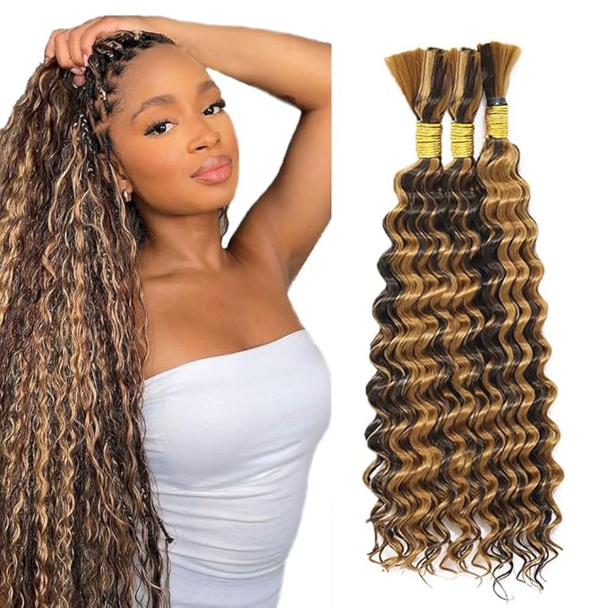 Freiuoke Honey Blonde Braiding Hair 26 26 26 Inch P4/27 Brown Deep Wave 3 Bundles 150g Highlight Blonde Human Braiding Hair Extensions