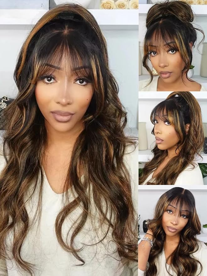 Julia Hair Pre Everything Glueless 13x4 HD Lace Front Wigs Human Hair Pre Plucked Pre Cut Balayage Highlight Body Wave Curtain Bangs Bye Bye Knots Drawstring Wigs Ready to Wear Frontal Wig 20 Inch