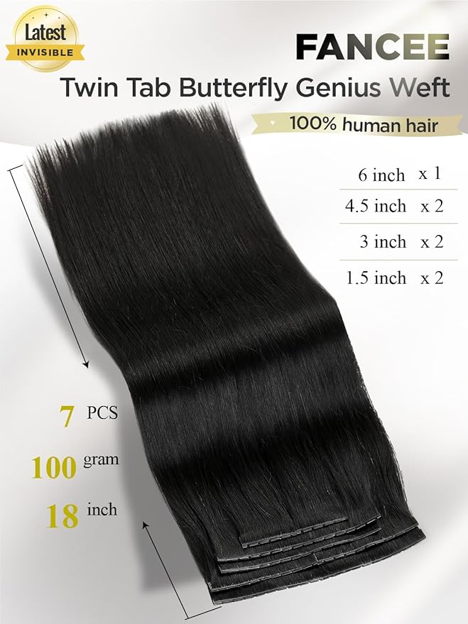 Twin Tab Butterfly Genius Weft Human Hair Extensions Latest Double Invisible Real 100% Remy Human Hair Weft with Micro Bead Simulated Scalp Hair Extensions100g 7ps 18 Inch Black