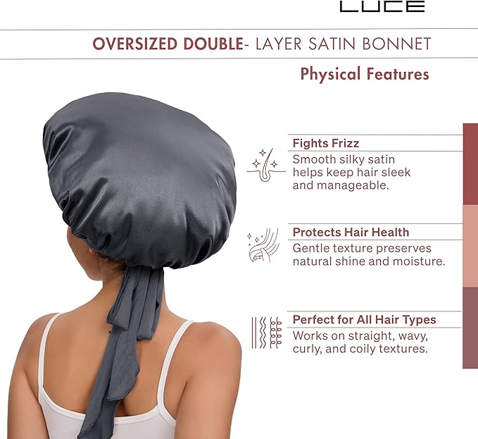 LUCE Satin Bonnet for Sleeping – Adjustable Double Layer Hair Cap for Women, Prevents Frizz & Breakage, Comfortable Night Cap