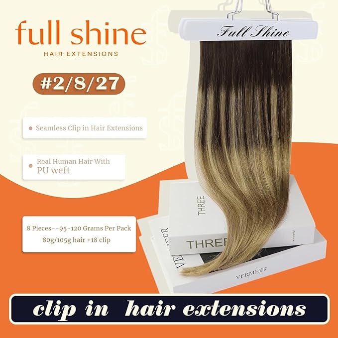Full Shine Seamless Human Hair Clip in Extensions 14 Inch Ombre Dark Brown to Light Brown with Honey Blonde Real Hair Seamless Clip ins for Women 8 PCS 120 Grams
