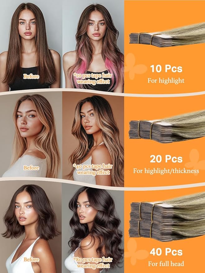 DOORES Tape in Hair Extensions Real Human Hair, Light Brown Highlighted Medium Blonde 10 Inch 30g 20pcs, Hair Extensions Tape in Straight Hair Extension