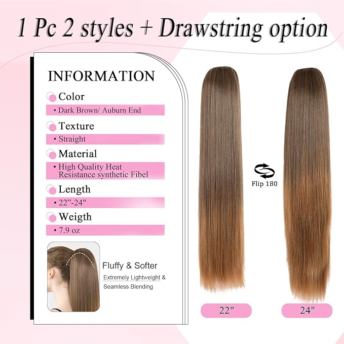 Ponytail Extension, 24" Long Straight Claw Clip Ponytail Extension clip on ponytails hair clip Hair claw clip Fake Ponytail Hairpieces for Women – Dark Brown with Auburn End