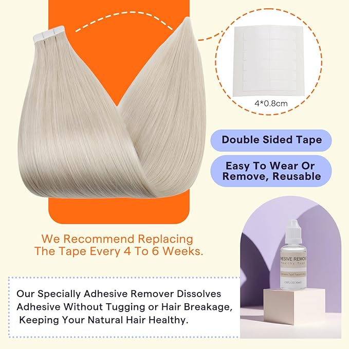 Full Shine Tape in Hair Extensions Human Hair 10 Inch Seamless Tape Ins Human Hair Extensions Color 1000 Blonde Remy Extensions 30g 20PCS Tape Extensions for Women