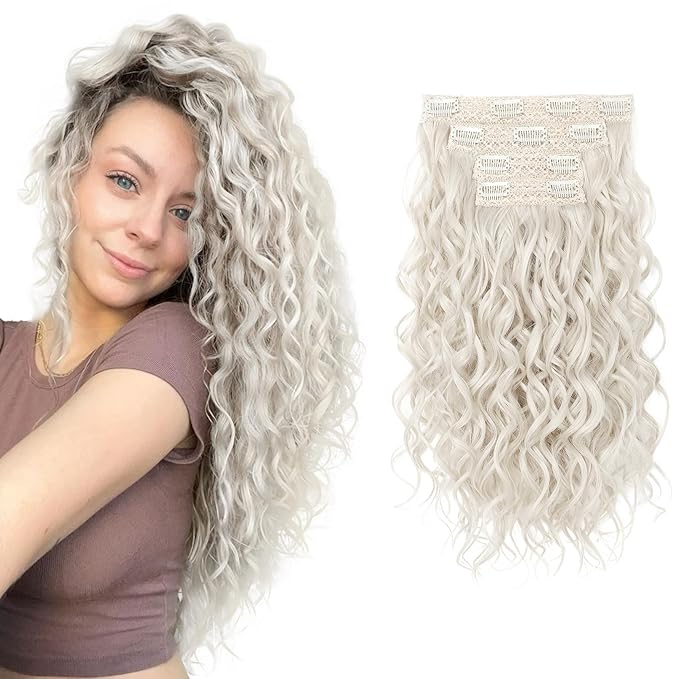 REECHO Curly Hair Extensions, 4PCS 16 inch Clip in Hair Extensions Lace Weft Short Curly Hair Extensions Clip Ins Invisible Natural Hairpieces for Women, Platinum Blonde