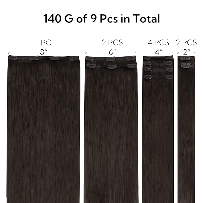 HOTBANANA Clip in Hair Extensions Real Human Hair, 135g 9pcs 14 inch Dark Brown Straight Remy Clip in Extensions Full Head for Women