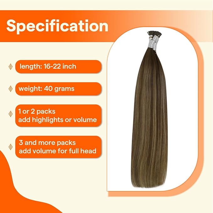 Full Shine I Tip Hair Extensions Human Hair 22 Inch 50 Grams Medium Brown to Honey Blonde and Brown Itip Human Hair Extensions Long Straight Human Hair Fusion Extensions