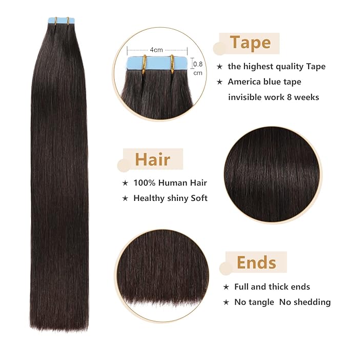 YILITE Tape in Hair Extensions Off Black Color Tape in Human Hair Extensions 18 inches Silky Straight Seamless Skin Weft Real Human Hair 50g 20pcs