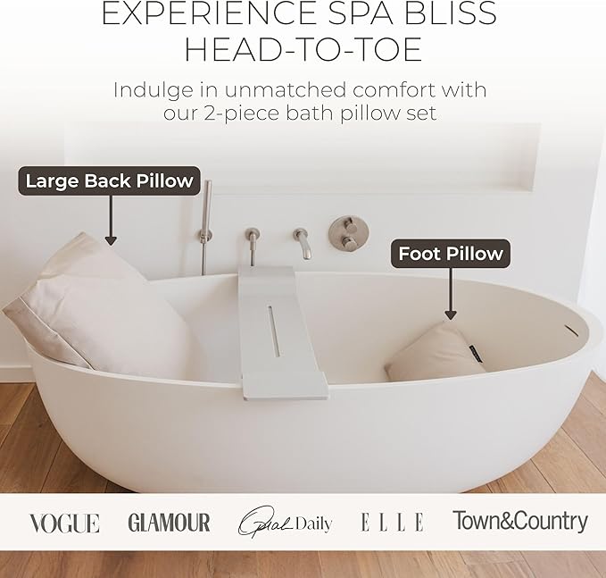 BADESOFA® Luxury Bath Pillow Set 2-Piece – Large Back Pillow & Foot Pillow for Tub – Spa-Grade Comfort for Head, Neck, Back & Feet – Quick Drying Bathtub Cushion Set in Beige