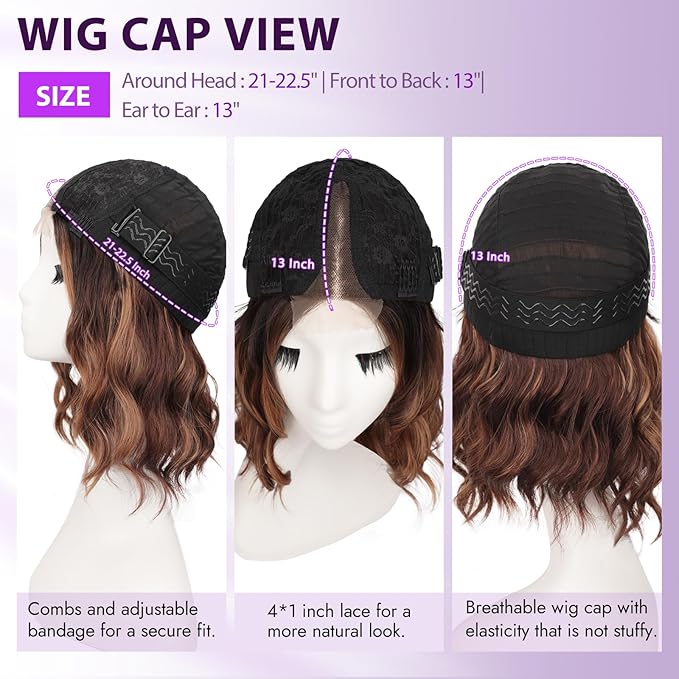 Brown with Caramel Highlights Short Wavy Wig for Women Lace Hairline Bob Style Synthetic Heat Resistant - Natural Appearance for Everyday Hairstyle 14 Inch