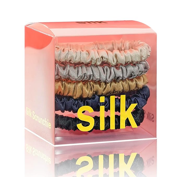 Silmer Silk Scrunchies Silk Hair Ties 100% Mulberry 5 Pack(Caramel,Dark Grey,Champagne Gold,Navy Blue,Black)