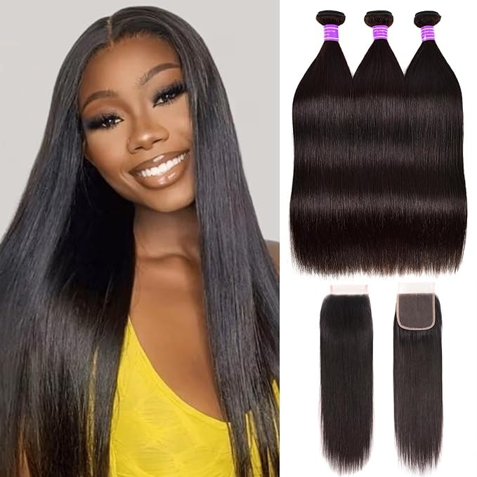 12A Straight Bundles with Closure Human Hair 22 24 26+20 Brazilian Human Hair 3 Bundle with 4x4 HD Lace Closure Free Part 100% Unprocessed Virgin Hair Straight Bundles Natural Color