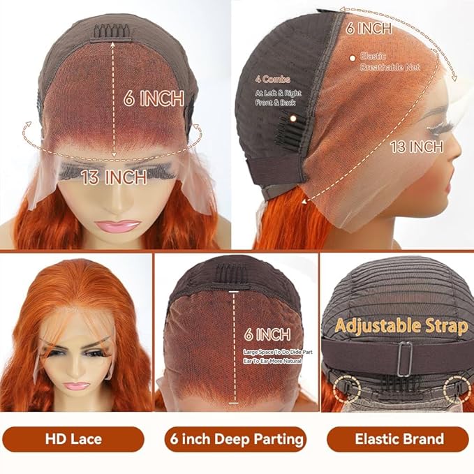 26 Inch Ginger Wig Human Hair Body Wave Ginger Orange 13X6 Lace Front Wigs Human Hair Pre Plucked 180 Density 350# Colored Glueless 13X6 HD Lace Frontal Wig Human Hair for Women