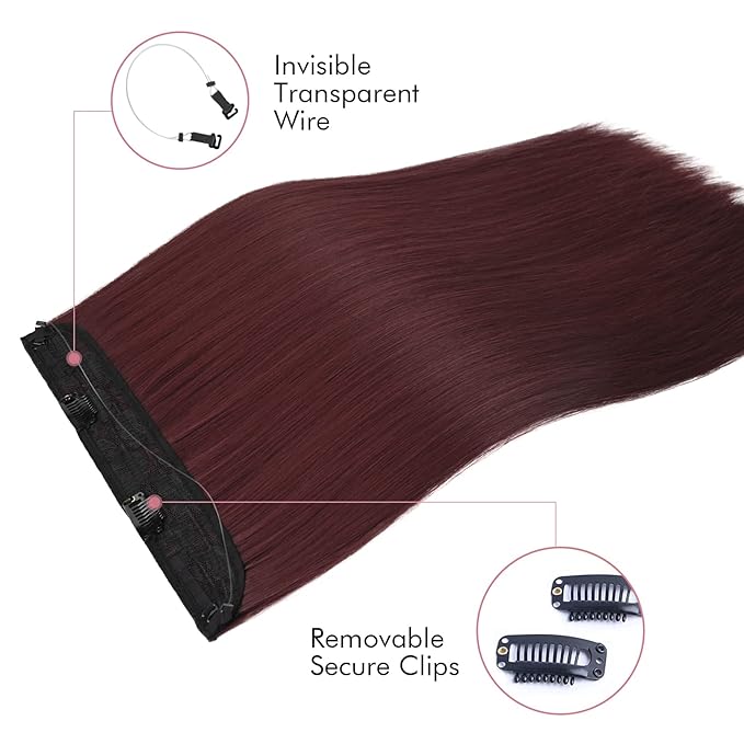 REECHO Invisible Wire Hair Extensions with Transparent Headband Adjustable Size Removable Secure Clips in Straight Secret Hairpiece for Women (24 Inch (Pack of 1), Wine Red)