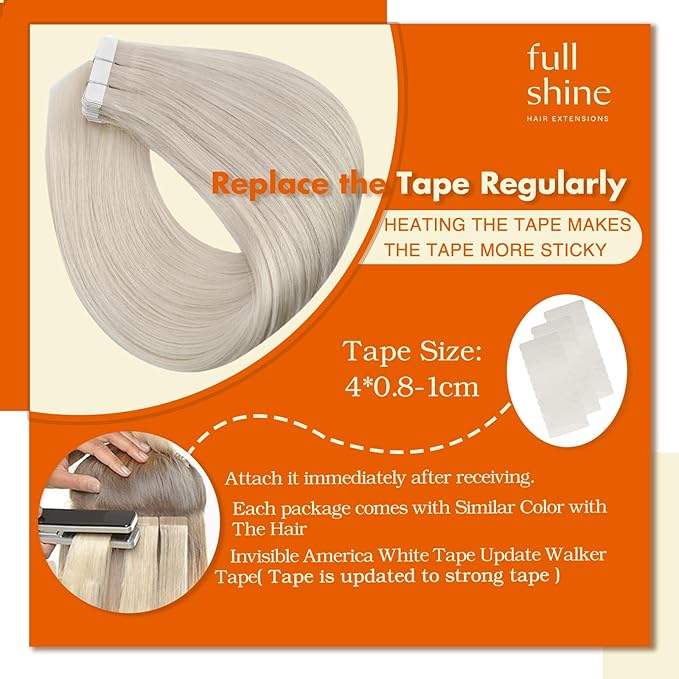 Full Shine Tape in Hair Extensions Silky Straight 18 Inch Color 1000 Blonde Adhesive Tape in Hair Extensions Human Hair 100 Percent Remy Human Hair Soft Glue in Brazilian Hair 20 Pcs 50 Grams
