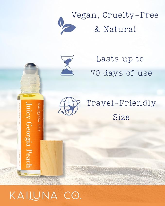 Juicy Georgia Peach Delicious Natural Essential and Fragrance Oil Roll On with Organic Jojoba Oil, Small Batch, Made in California