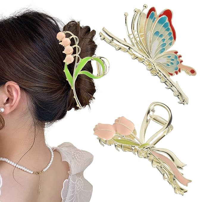 3-Piece Floral Metal Hair Accessories: Butterfly, Lily, Tulip Barrettes with Strong Hold and Non-Slip Design for Thin to Thick Hair