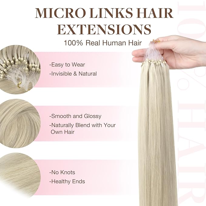 GOO GOO Micro Link Tip Hair Extensions, Real Human Hair, 16inch 50g 50S, Cold Fusion, Invisible Remy, 17A/60A Ash Blonde Highlighted Platinum Blonde
