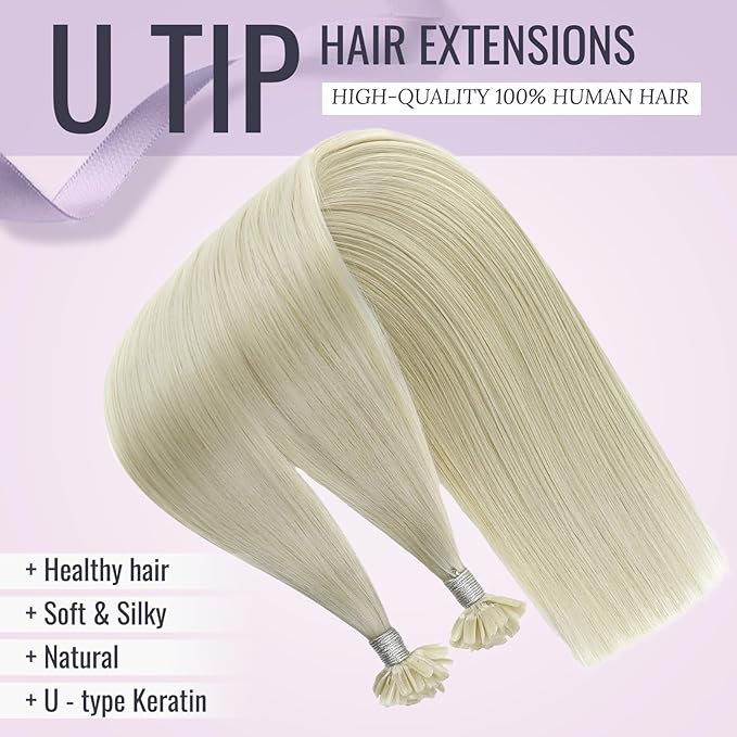 Fshine K Tip Hair Extensions Human Hair 16 Inch White Blonde Keratin Bonded Remy Human Hair Extensions Occasional Wear Thicker Hair 50g/50strands