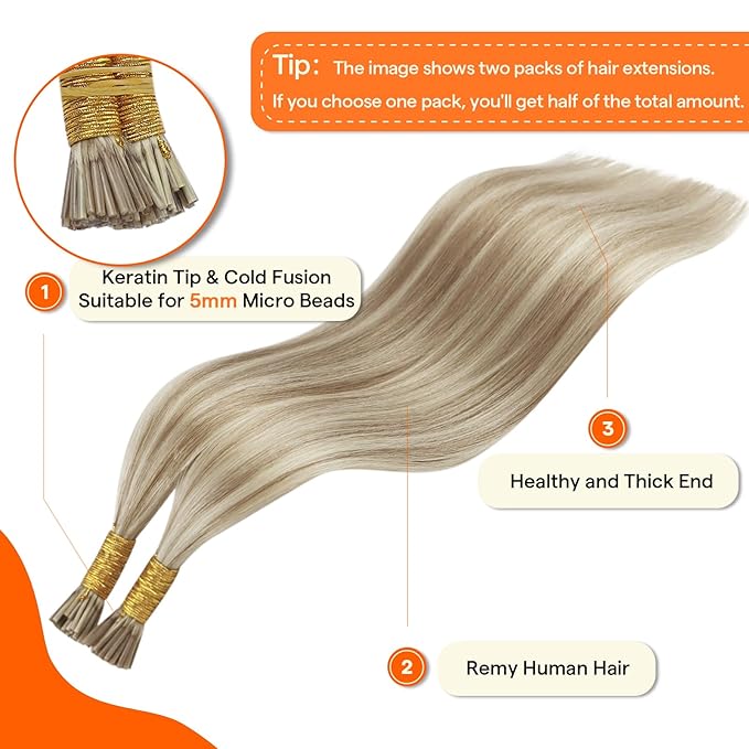 Full Shine Itip Human Hair Extensions 22 Inch Long Straight Hair Invisible I Tip Extensions 16/22 Blonde Highlighted Cold Fusion Hair Extensions 40 Grams for Women