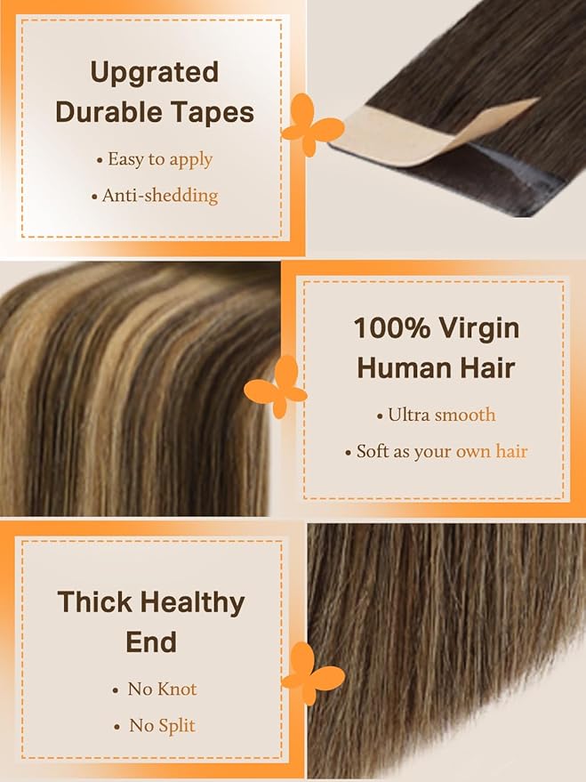 DOORES Tape in Hair Extensions Human Hair, Chocolate Brown to Caramel Blonde 10 Inch 20g 10pcs, Hair Extensions Tape in Human Hair Straight Remy Hair for Women