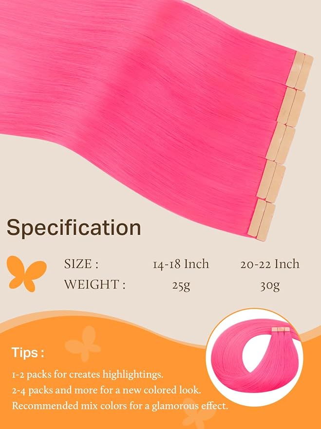 DOORES Tape-in Human Hair Extensions, Hot Pink 22 Inch 30g 10pcs, Remy Straight Hair