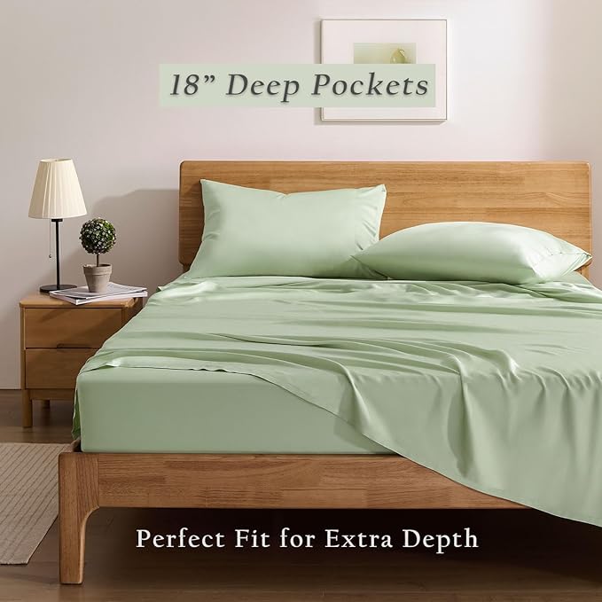 TOSMO Luxury Cooling Sheet Set - 100% Viscose from Bamboo, 4-Piece Bedding Set (Full Size) - 18” Extra Deep Pockets, Oeko-Tex Certified, Silky Soft and Breathable, Light Green