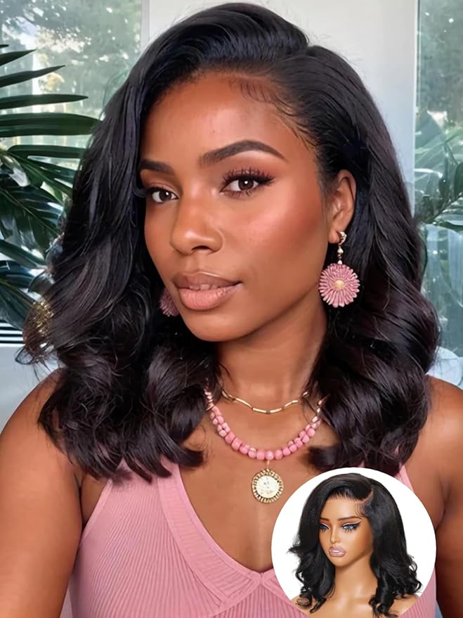 Julia Hair 14 Inch Light Yaki Loose Wave Bob Wig Put On and Go Glueless 13X4 HD Lace Front Short Natural Black Wigs Pre Plucked Pre Cut Lace Bleached Knots with Elastic Drawstring