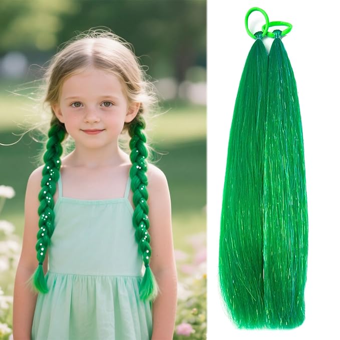 Colored Hair Extensions Green Ponytail Extension 2 Packs, 20 inch Crazy Hair Day Accessories for Women, DIY Festival Wacky Rave Braids,Tinsel Mixed