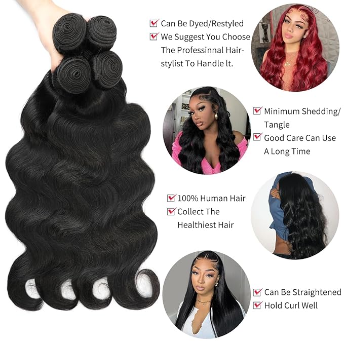 12A Human Hair Bundles Body Wave Bundles Human Hair 22 24 26 28 Inch 4 Bundles 100% Unprocessed Brazilian Virgin Hair Deals Quick Weave Bundles Human Hair Extension Natural Black