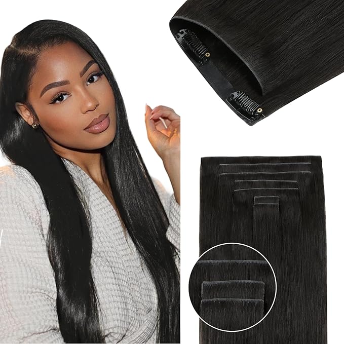 Lashey Invisi Edge Clip in Hair Extensions 18 Inch 110g 7pcs Injected Seamless PU Clip in Hair Extensions Virgin Human Hair, Natural Black Yaki Straight Hair