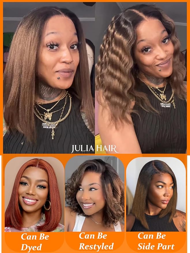 Julia Hair 14 Inch Chestnut Brown Ombre Yaki Straight Bob Wig Glueless Pre Cut 13X4 HD Lace Front Wig Human Hair with Dark Roots Pre Bleached Pre-Plucked with Ear Tape Ready to Go Short Yaki Wig
