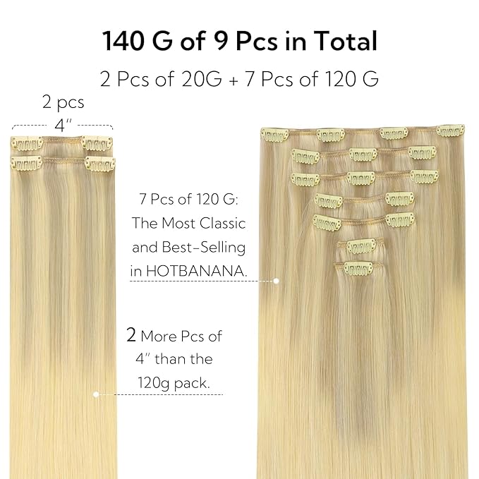 HOTBANANA Clip in Hair Extensions Real Human Hair, 135g 9pcs 16 inch Ash Blonde to Golden and Platinum Blonde Straight Remy Clip in Extensions Full Head for Women