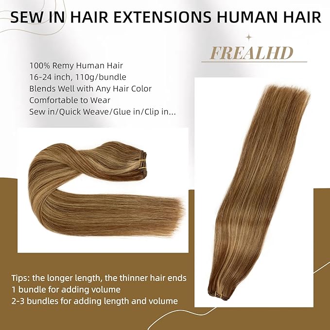 Sew in Hair Extensions Real Human Hair, 110g 20 inch Medium Brown Highlight Honey Blonde Weft Hair Extensions Remy Straight Weave Bundles