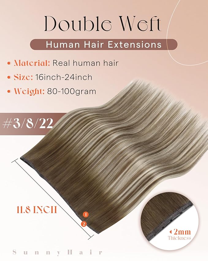Sunny Hair Double Layered PU Hair Extensions Cool Brown Ombre to Light Brown Balayage Dirty Blonde Straight Human Hair Weft with Bead Real Human Hair Weft Genius 16 Inch 80G