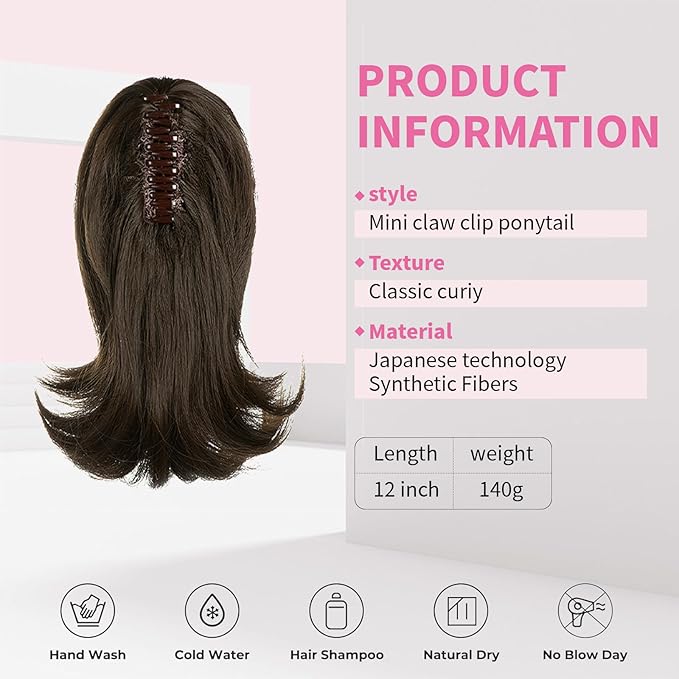 Ponytail Hair Extensions, 12 Inch Claw Clip Ponytail Hair Extensions for Women, Chin Clip Wigs, Soft Synthetic Wigs-Medium Brown