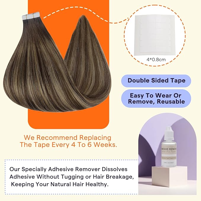 Full Shine Tape in Hair Extensions Human Hair 18 Inch Color 4 Brown Fading to 24 Honey Blonde Highlight 4 Brown Invisible Remy Hair Extensions Tape in 100 Grams Seamless Skin Weft for Women 40PCS