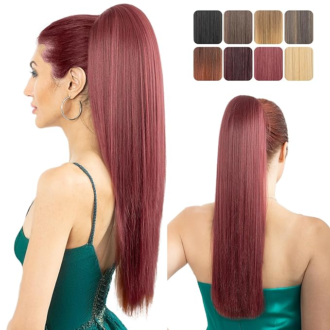 Ponytail Extension, 24" Long Straight Claw Clip Ponytail Extension clip on ponytails hair clip Hair claw clip Fake Ponytail Hairpieces for Women - Wine Red
