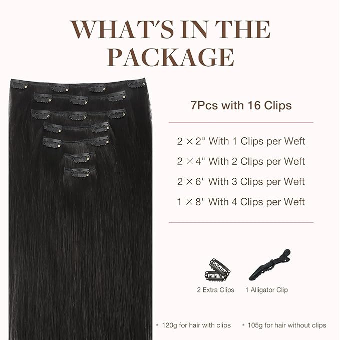 GOO GOO Clip in Hair Extensions Real Human Hair, Remy Human Hair Extensions Clip ins for Women, Natural Human Hair, 22inch 120g 7Pcs, 1B Natural black