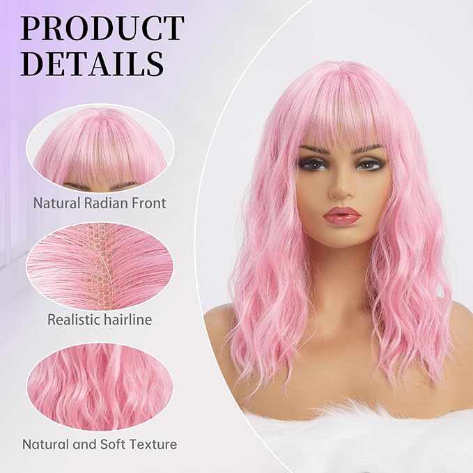 Wavy Long Pink Wigs for Women with Bangs Medium Middle Length Pink Wig with Water Wave Fringe Synthetic Heat Resistant Hair Wig for Halloween Costume Cosplay Anime Daily Party Use (16inch)
