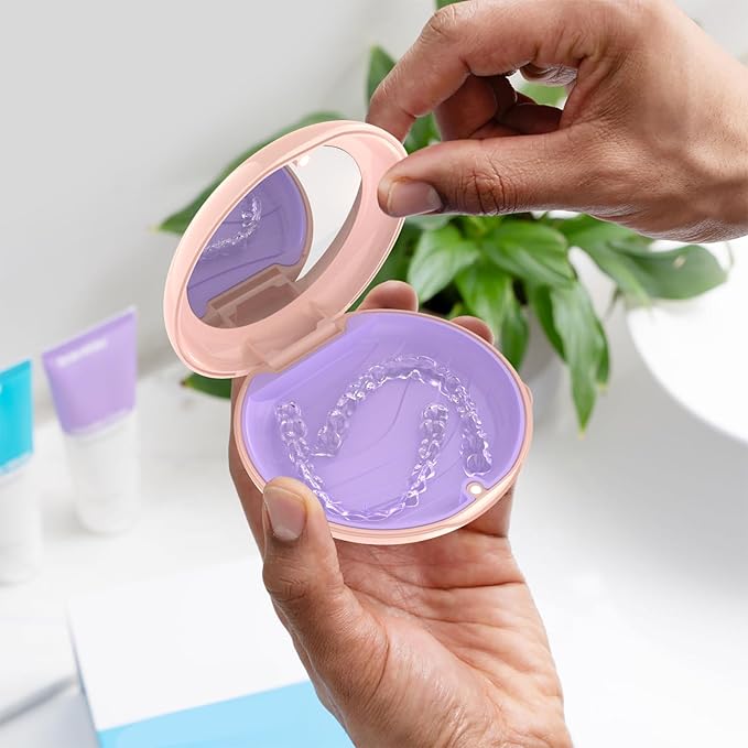 2Pack Retainer Case with Mirror, Compatible with Invisalign, Orthodontic Aligner Case with Removal Tool and Brush, Pink