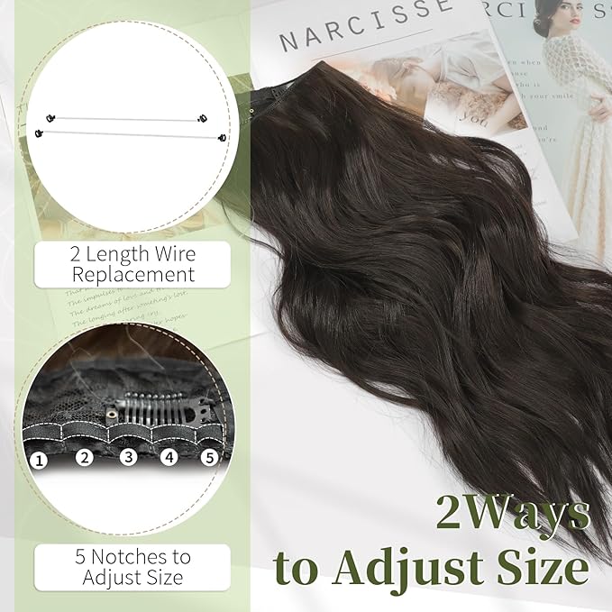 KooKaStyle Invisible Wire Hair Extensions with Transparent Headband Adjustable Size 4 Secure Clips Synthetic Hair Long Wavy Secret Wire Hairpiece for Women(Natural Black 16 Inch)