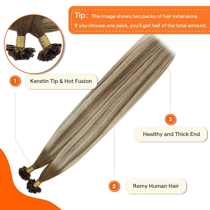 Full Shine K Tip Hair Extensions Real Human Hair Dark Brown Ombre Ash Brown and Blonde 16 Inch 50 Grams Ktip Human Hair Extensions Prebonded Extensions Remy Hair add Volume