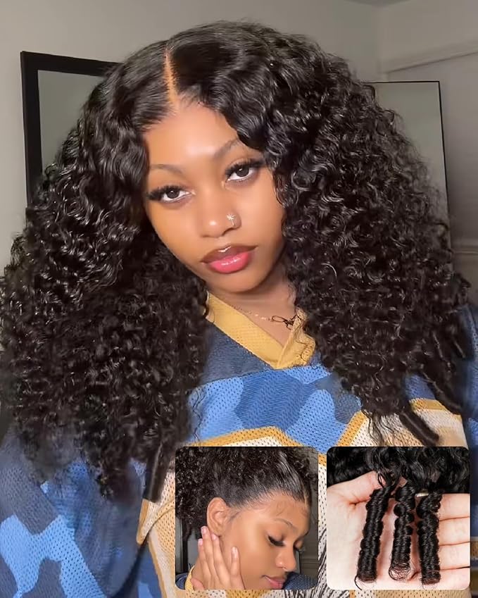 13x6 Three-Go™ Glueless Drawstring Burmese Curly Wig Human Hair Pre Plucked Pre Cut Ear-to-Ear HD Deep Wave Lace Front Glueless Wigs Human Hair 220% Density 20 Inch