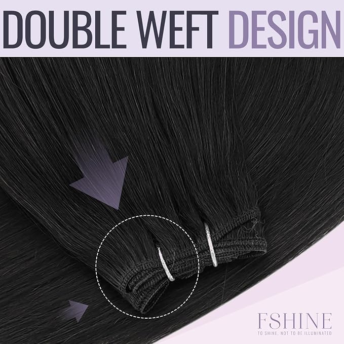 Fshine Weft Hair Extensions Human Hair Jet Black Hand Tied Weft Hair Extensions Long Thickness Real Human Sew in Real Human Straight Bundle 100g 24 Inch